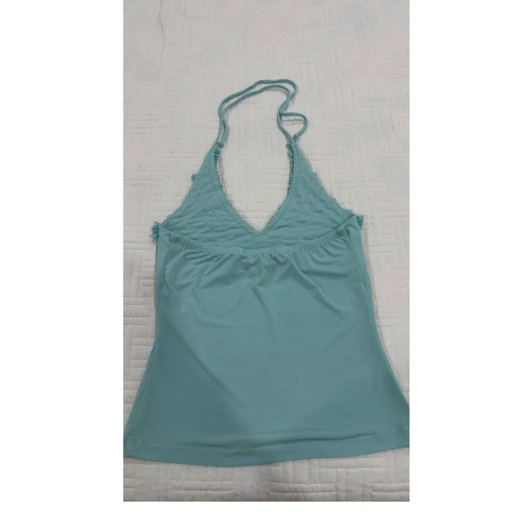 Vintage La Belle Turquoise Ruffle Halter Tankini Swim Top‎ Y2K Made in USA M